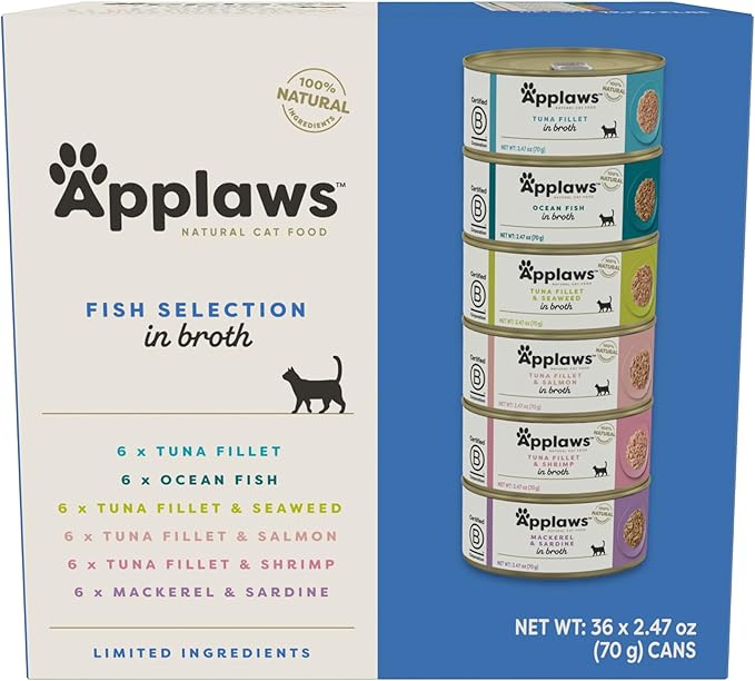 Applaws Natural Wet Cat Food in Broth, Limited Ingredient Canned Wet Cat Food, No Additives, Made with Natural Ingredients, Fish Selection in Broth (36 x 2.47oz Cans)-PawvioPets