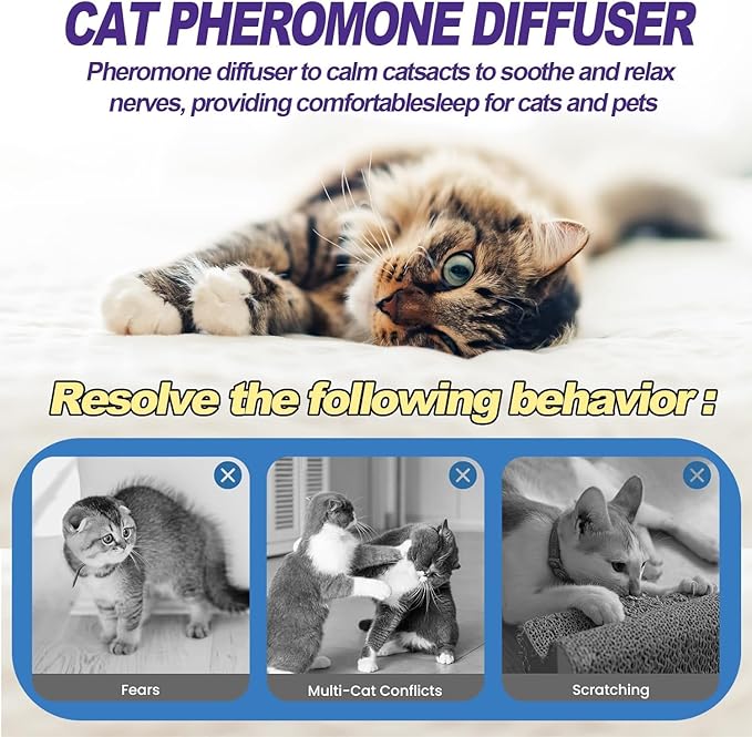Cat Calming Diffuser, Cat Pheromones Calming Diffuser, Pheromone Dffuser to Calm Cats, Cat Calming Diffuser with 2 Diffuser + 4 Refill,120 Days for Cats Relief Stress Anxiety (Purple)-PawvioPets