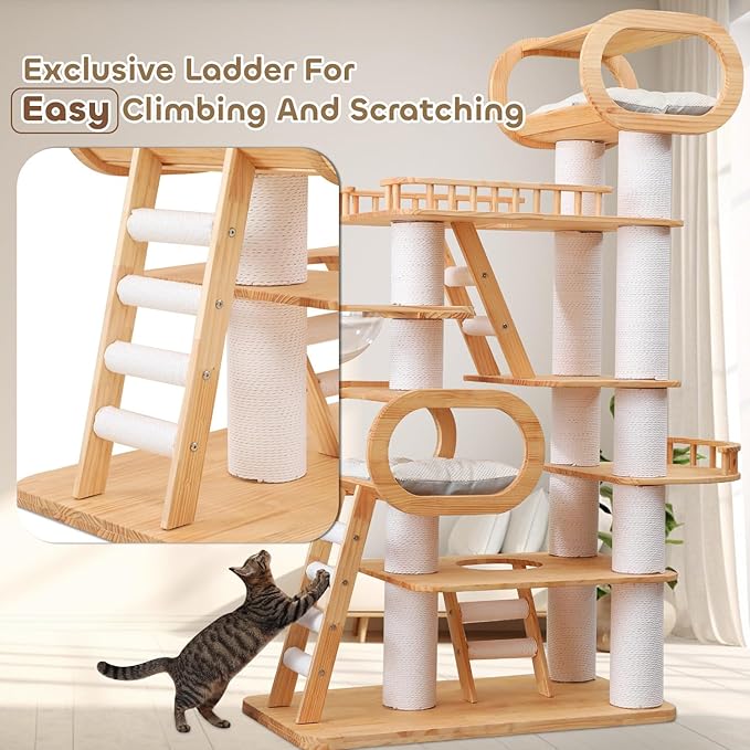 76.8'' Tall Modern Large Cat Tree,Multi-Level Wood Cat Tower for Indoor Cats Large Adults,Luxury Heavy Duty Cat Condo with Cushion,Scratching Posts,Clear Hammock Activity (76.8inch)-PawvioPets