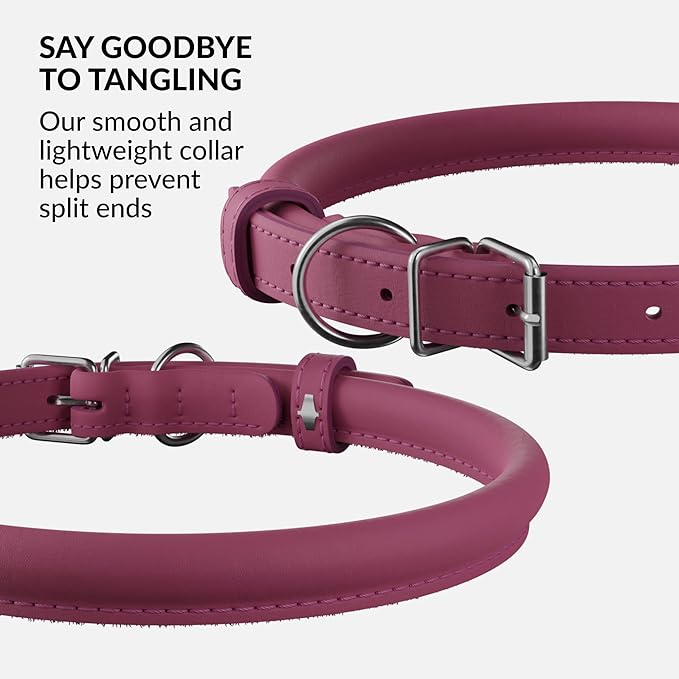 CollarDirect Rolled Leather Dog Collar, Soft Padded Round Puppy Collar, Handmade Genuine Leather Collar Dog Small Large Cat Collars 13 Colors (6-7 Inch, Pink Smooth)-PawvioPets