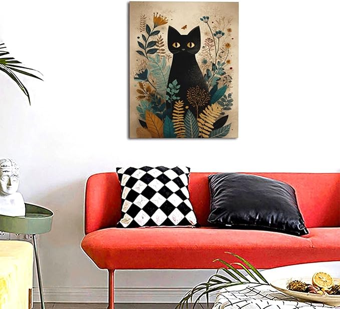 Boho Black Cat Wall Art Kitten Botanical Wall Decor Mid Century Modern Canvas Painting Print Minimalist Pictures Artwork Framed Decorations Gifts for Cat Lover Bathroom Nursery Living Room Bedroom Kitchen 16"x20"-PawvioPets