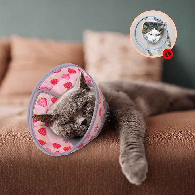 EXPAWLORER Cat Recovery Cone Collar- Soft Adjustable Pet Collar for After Surgery, Waterproof Elizabethan Protective Collar, Stop Licking Donut for Small Medium Kittens (Strawberries M (8.5-12 in))-PawvioPets