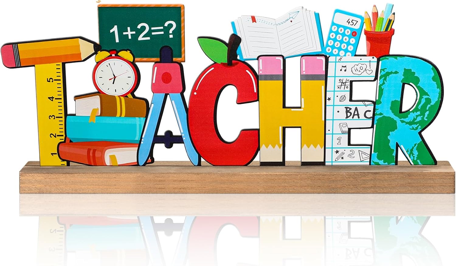 Back to School Metal Sign Teacher Appreciation Table Decor Holiday Tiered Tray Decor with Wooden Base Freestanding Metal Word Sign for Home Tabletop Centerpiece Mantel Shelf Fireplace