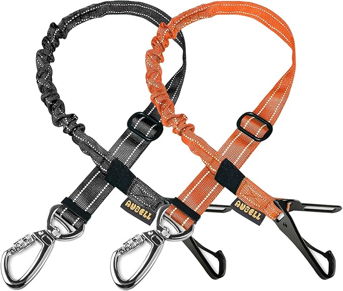 AUBELL Dog Seat Belt for Car,2 Pack Set 3-in-1 Adjustable Reflective Bungee Heavy Duty Dog Car Harness Tether with Clip Hook Latch & Buckle,Swivel Zinc Alloy Carabiner,Black+Orange-PawvioPets