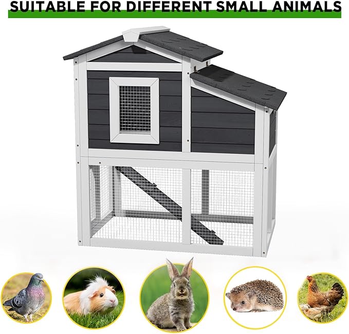 2 Story Rabbit Cage, Weatherproof Rabbit Hutch Indoor & Outdoor, Wooden Guinea Pig Cages with Removable Tray Openable Roof for Small to Medium Animals-PawvioPets
