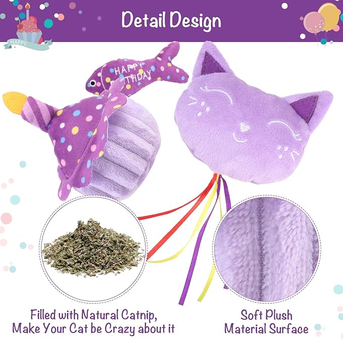 BINGPET Cat Birthday Catnip Toys for Indoor Cats,Cat Birthday Hat,Bandana and Cat Birthday Cake Interactive Plush Kitten Chew Toys,Cute Fish,Balloon Toys with Crinkle Paper and Catnip Inside(Purple)-PawvioPets