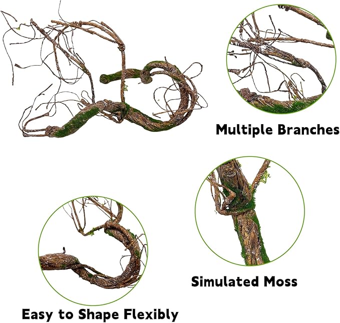 BNOSDM Reptile Vines, Bendable Jungle Climbing Vine with Moss,Terrarium Plants Decor,Artificial Plants Tank Decorations Accessories for Bearded Dragons Chameleons Snakes Lizards Hermit Crabs-PawvioPets