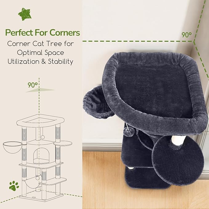 Globlazer Corner Cat Tree Tower for Indoor Cats, 51in Multi-Level Cat Condo Tower with Large Hammock, 7 Sisal Scratching Posts, Oversized Top Perch, Spacious Cat Cave, Hanging Basket, C51, Dark Grey-PawvioPets