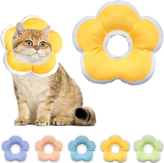 Cat Cone Collar Soft, Waterproof Cats Cones to Stop Licking After Surgery, Adjustable Soft Elizabeth Cats Collars for Wound Healing, Flower Shape Cat Recovery Collar (Yellow, Small)-PawvioPets