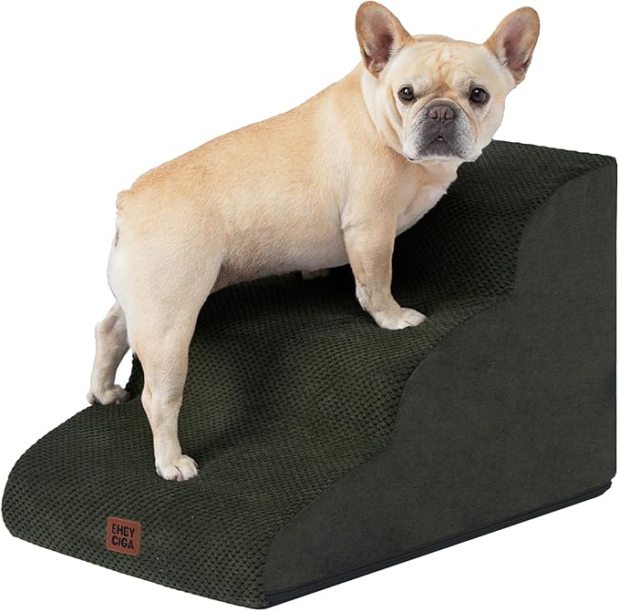EHEYCIGA Curved Dog Stairs Ramp for Small Dogs 15.7" H, 3-Step Dog Steps for Couch Sofa and Chair, Pet Stairs for Cats, Non-Slip Balanced Pet Steps Indoor, Olive Green-PawvioPets