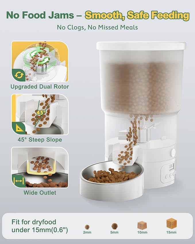 Gimars 5L Automatic Cat Feeder for 2 Cats, Programmable 1-6 Meals Cat Food Dispenser with Stainless Steel Bowl, Easy Setup, Dual Power Supply,10s Meal Call Timed Pet Feeder for Cats and Small Dogs-PawvioPets