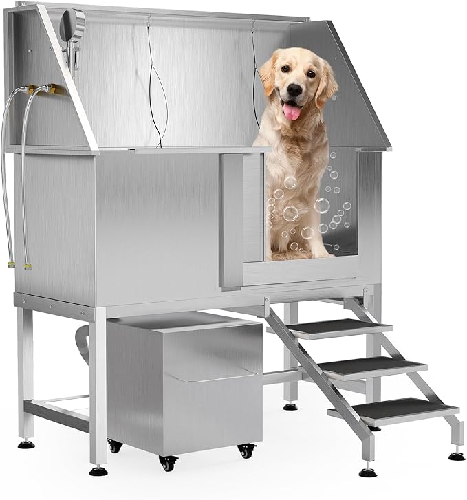 50" Stainless Steel Professional Dog Washing Station - Pet Bathing Tub w/Non-Slip Stairs & Storage Shelf | Slip-Resistant Floor Grate | for Large/Medium/Small Dogs-PawvioPets
