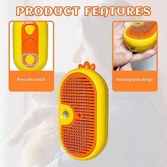 3-in-1 Rechargeable Steam Brush for Cats & Dogs - Anti-Static Spray Pet Grooming Brush with Warm Mist Massage, Hair Shedding Control, Detangling Comb & Cleaning Tool for Effective Deshedding-PawvioPets