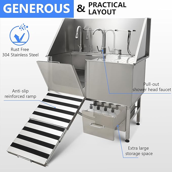 50" Dog Washing Station, Professional Stainless Steel Pet Dog Bathing Station with Ramp, Faucet, Storage Drawer, Floor Grate Dog Bathtub for Large, Medium, Small Pets (Right Ramp)-PawvioPets