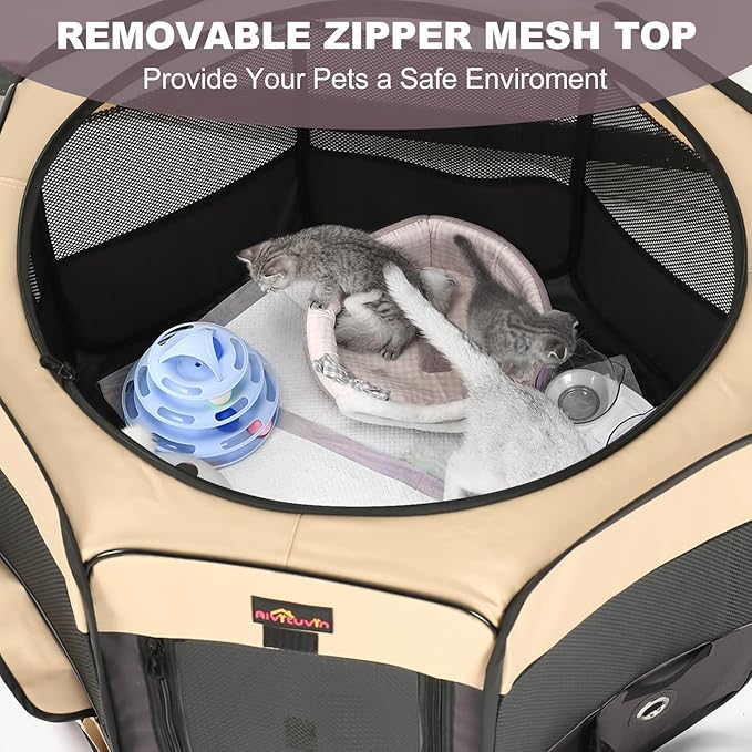 Aivituvin Dog Playpen, Foldable Pet Play Pens with Carrying Bag for Cat, Puppies, Rabbits, Portable Dog Tent Crates Cage for Travel Camping Indoor Outdoor, Removable Shade Cover, Brown S-PawvioPets