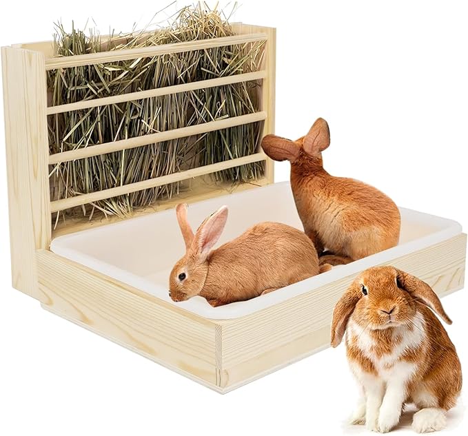 2 in 1 Wooden Rabbit Hay Feeder Box Safe Bunny Feeder Manger Grass Food Holder Rack Hay Holder with Toilet Rabbit Hay Feeder with Litter Pan Designed for Rabbits Guinea Pig Hamster Small Animals-PawvioPets