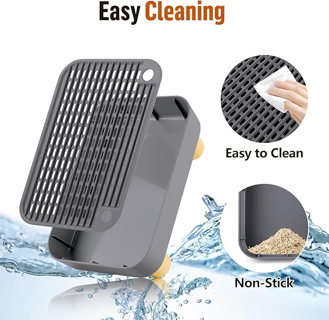 Cat Litter Box Step Ramp, Cat Litter Catcher Mat with Wooden Feet, Filter Function, Cat Pedal Stool for Self-Cleaning Cat Litter Box, Ideal for Kitten & Elderly Cats (Dark Grey)-PawvioPets