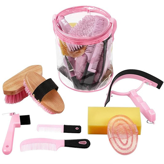9 Pieces Horse Grooming Kit Tack Room Supplies Set with Organizer Tote Bag, Oval Massage Curry, Hard and Soft Brush, Hoof Pick, Sweat Scraper, Bathing Sponge, Combs for Horse Riders Beginners (Pink)-PawvioPets