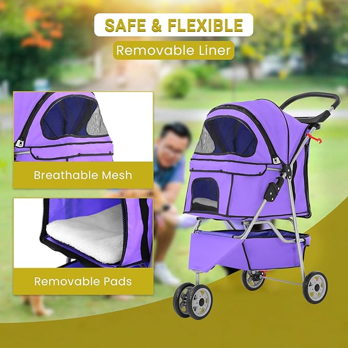 Foldable Pet Stroller,Dog Stroller with 3 Wheel,Pet Strolling Cart,Dog Travel Carrier with Storage Basket and Cup Holder for Dog Puppy,Purple-PawvioPets