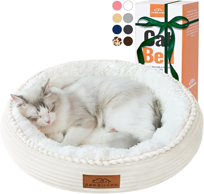 20in Cream Round Cat Dog Bed Gift for Large Medium Small Dogs Cats, Machine Washable Sleeping Sofa, Non-Slip Bottom Breathable Soft Calming Pet Cuddler for Indoor/Outdoor/Car/Cage-PawvioPets