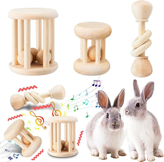3 Pcs Natural Wooden Bunny Toys, Safe Rabbit Toys for Guinea Pig Chinchillas Hamsters Small Animals Playing Teeth Grinding Indoor Outdoor-PawvioPets