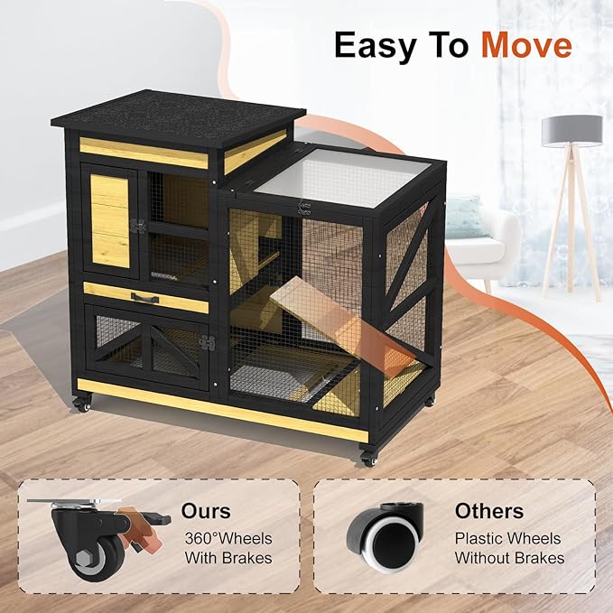 40'' Rabbit Cage Bunny Cage Indoor, Outdoor Rabbit Hutch for Small Animals, 2-Story Wooden Guinea Pig Cages with Wheels & 2 Deeper No Leak Trays, Waterproof Openable Roof & Bottom Wire Mesh-PawvioPets