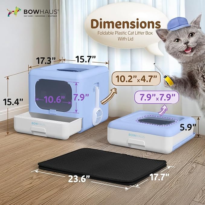 Foldable Cat Litter Box w/Lid, Scoop & Mat, Drawer Design Cat Toilet for Kitten, Two-Way Entry Kitty Litter Box, Odor Control & Easy to Clean, Blue-PawvioPets