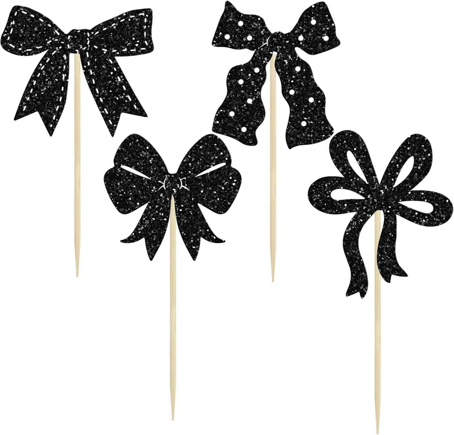 Ephlyn 24Pcs Bow Cupcake Toppers Bow Birthday Cake Topper Girls Birthday Party Decorations Bowknot Cupcake Decorations for Bridal Baby Shower Birthday Wedding Themed Party Black