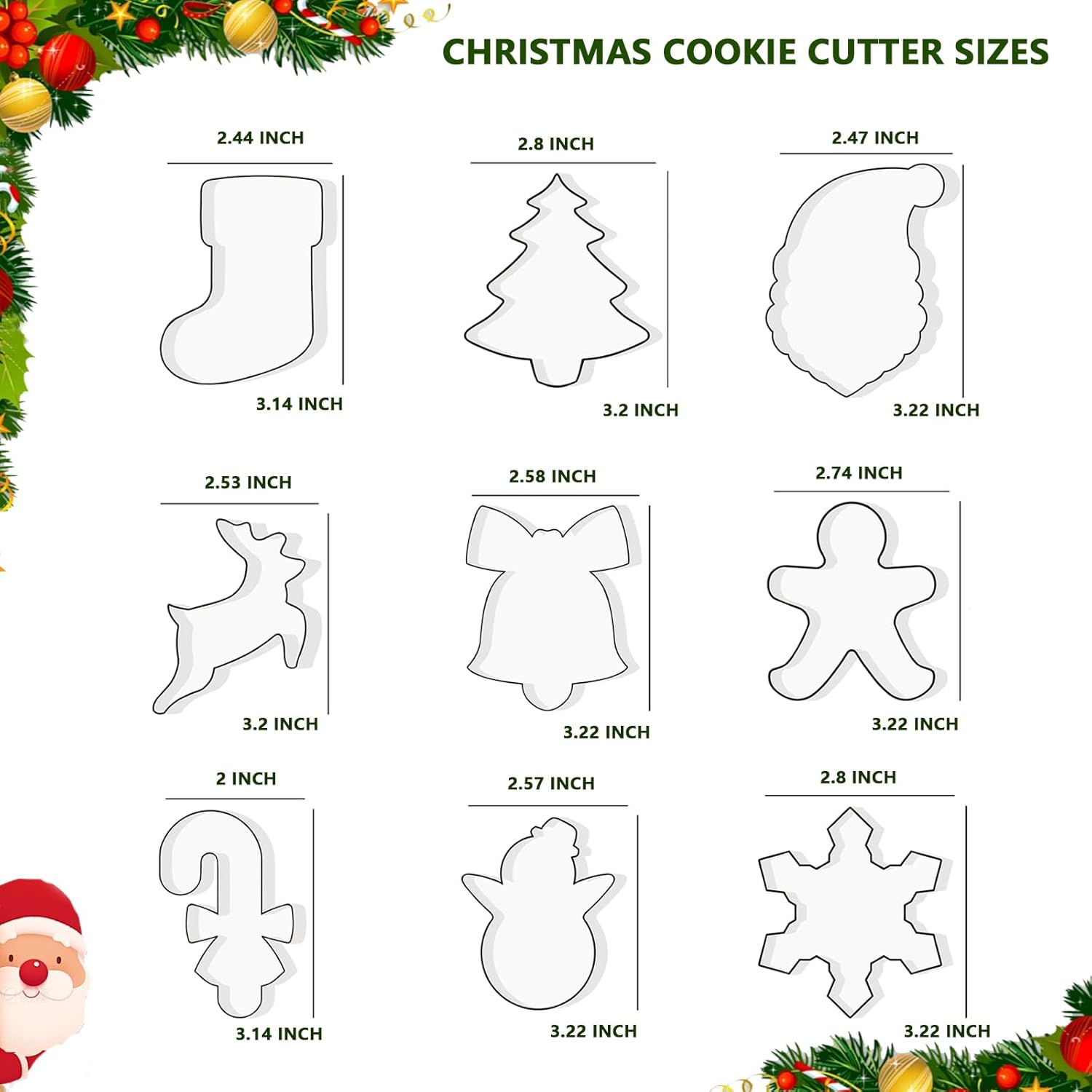 Christmas Cookie Cutters Set- 9 Piece Stainless Steel Winter Holiday Metal Shapes-Christmas tree, Snowman, Candy Cane, Bells, Snowflakes, Gingerbread Man, Reindeer, Socks,Santa Face Shapes