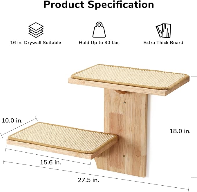 FUKUMARU Cat Wall Shelves, 2 Platform Kitten Wall Furniture, Tree Shape Wall-Mounted Floating Shelf with Sisal Mat, Solid Rubber Wood Cats Perch for 16 Inch Drywall, Suitable for Climb, Play, Nap-PawvioPets