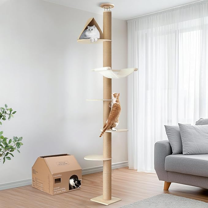 FUKUMARU Floor to Ceiling Cat Tree, 6 Level Adjustable Height (6-10 ft) Climbing Tower with Thickened Scratching Posts, Cats Activity Center with Cozy Hammock - Beige-PawvioPets