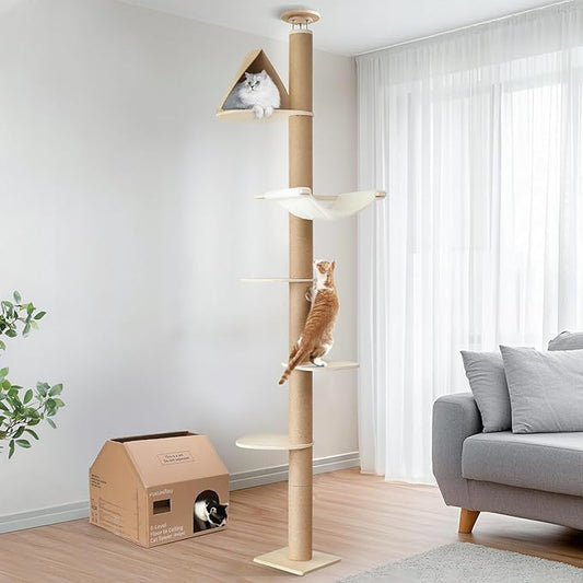 FUKUMARU Floor to Ceiling Cat Tree, 6 Level Adjustable Height (6-10 ft) Climbing Tower with Thickened Scratching Posts, Cats Activity Center with Cozy Hammock - Beige-PawvioPets