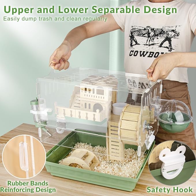 Cycodo 8 in 1 Acrylic Hamster Cage,2-Tier Dwarf Hamster Cage with Wooden Wheel & Hideout,Small Hamster Habitat with Accessories,Clear Pet Mice House(Green,14" L*10" W*11" H)-PawvioPets