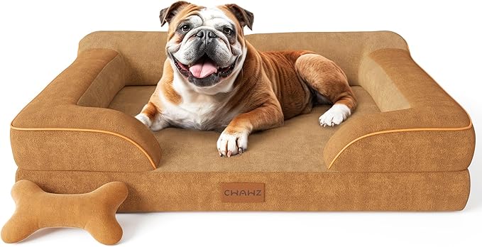 Dog Beds for Large Dogs, Orthopedic Dog Bed with Cooling Gel Memory Foam, Waterproof Large Pet Bed with Removable Washable Cover, 36" Pet Sofa Couch Dutch Velvet with Bone Toy, Brown-PawvioPets