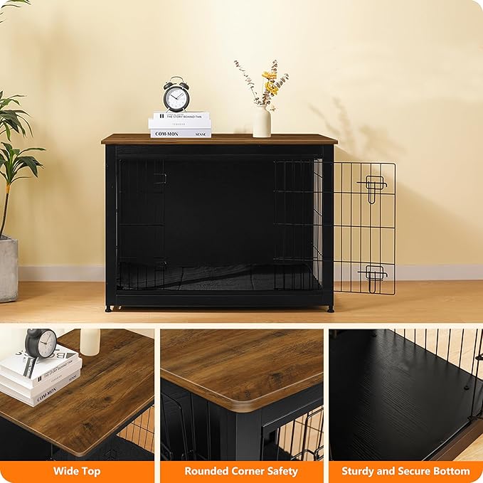DWANTON Dog Crate Furniture with Cushion, Wooden Kennel Table with Double Doors, Indoor Dog House, Large Size, 38.5" L, Black+Warm Brown-PawvioPets