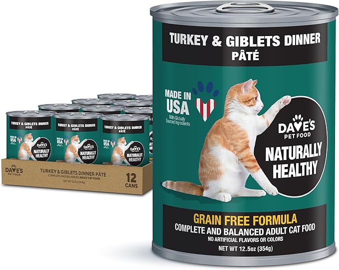 Dave's Pet Food Grain Free Canned Cat Food (Turkey & Giblets Pate), Made in USA Naturally Healthy Canned, Canned Pate, 12.5 oz Cans (12 Pack)-PawvioPets