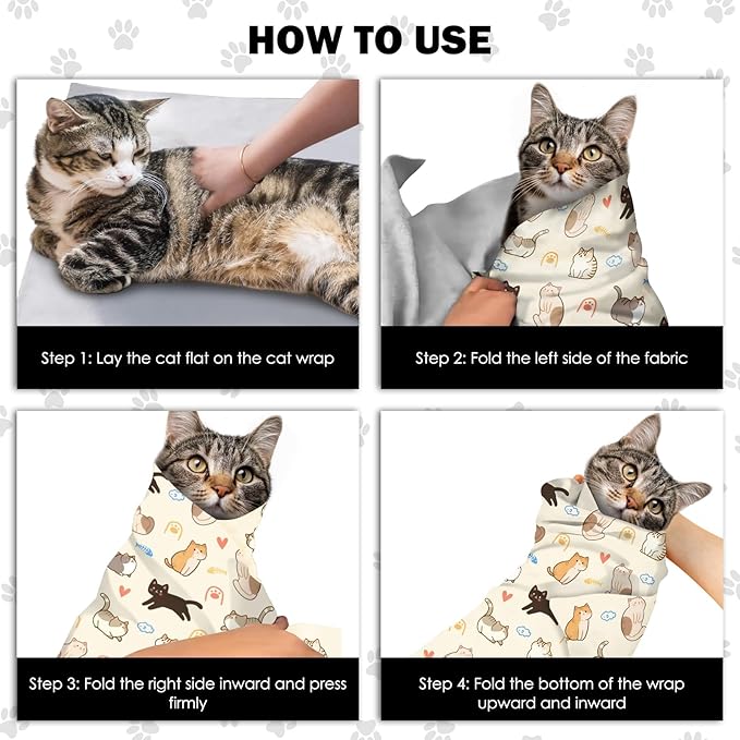 27.6"Cat Grooming Wrap, Self Adhesive Cat Wrap for Cutting Nails, Anti-Escape Calming Cat Swaddle Wrap for Medicine Ear Cleaning, Anti-Scratch Cats Burrito Restraint Blanket, Multifunctional Pet Tool-PawvioPets