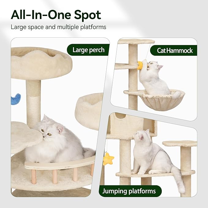 85inch Heavy Duty Cat Tree for Indoor Cats Large Adult, Tall Giant Cat Tower with Scratching Post, Large Perches, Cozy Cat Condos & Hanging Hammocks, Beige-PawvioPets