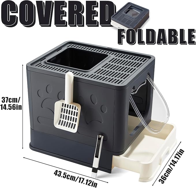Gefryco Litter Box with Lid for Small to Medium Cats, Enclosed Cat Litter Box with Cover，High Sided Top Entry Cat Box with Brush and Scoop, Cute Kitty Litter Pan with Drawer for Growing Kitten(Black)-PawvioPets