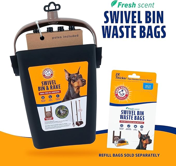 Arm & Hammer Dog Pooper Scooper Swivel Bin & Rake, Poop Scoop for Dogs, Black (2 Heavy Duty Scented Waste Bags Included)-PawvioPets