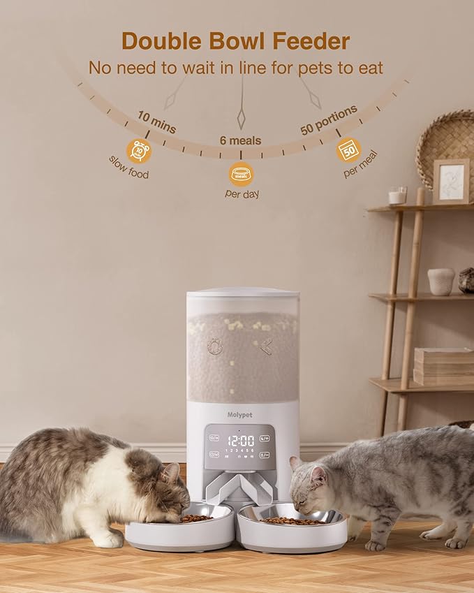 Automatic Cat Feeder for 2 Cats - Cat Food Dispenser with Double Bowls 6L, 10S Voice Recorder Programmable Timed Cat Feeder up to 6 Meals per Day-PawvioPets