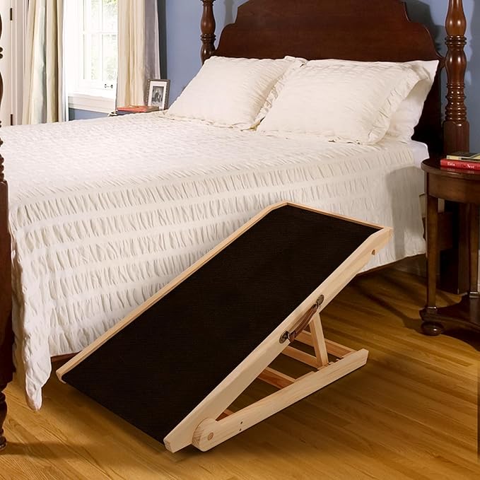 Dog Ramp for Bed, Adjustable Pet Ramps for Dog to Get on Bed, Non-Slip Rubber Surface - Folding Wooden Dog Ramp for Small/Large/Old Dogs, Adjustable up to 19.5 inch High Beds-PawvioPets
