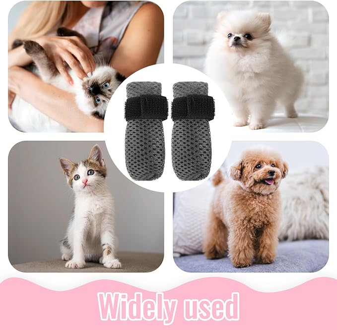 4Pcs Cat Shoes, 3.62×1.57 Inches Anti Scratch Cat Mittens, Breathable Mesh Nail Caps for Cats Claws, Adjustable Cats Claw Covers for Pet Bathing Feeding Cutting Nails(Gray)-PawvioPets