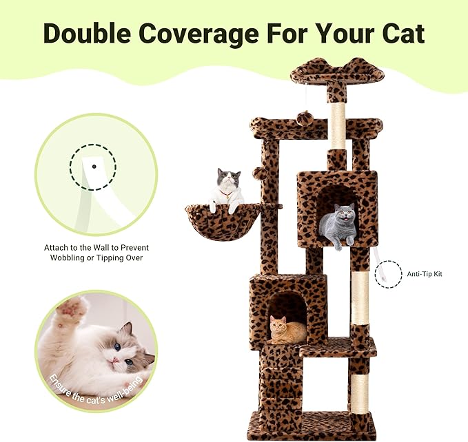 Allewie 64 Inches Cat Tree Tower/Multi-Level Activity Center for Indoor Big Felines/2 Plush Condos/2 Perchs/Basket/House/Sisal Scratching Posts/Hanging Cat Toys/Leopard Print-PawvioPets