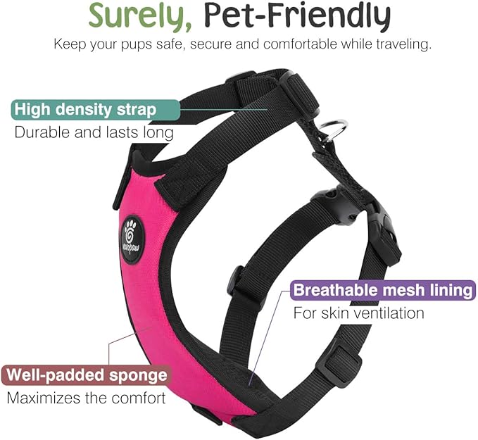 Dog Seat Belt, Safety Vest Dog Car Harness with Adjustable Buckle Dog Seat Belt for Vehicle Nylon Pet Safety Seat Belts Heavy Duty(M, Magenta)-PawvioPets