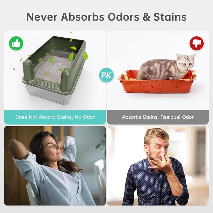 Enclosed Stainless Steel Cat Litter Box with Lid, XL Extra Large Litter Box for Big Cats, Metal Litter Pan High Sided, Never Absorbs Odors, Anti-Urine Leakage, Include Scoop (Green)-PawvioPets
