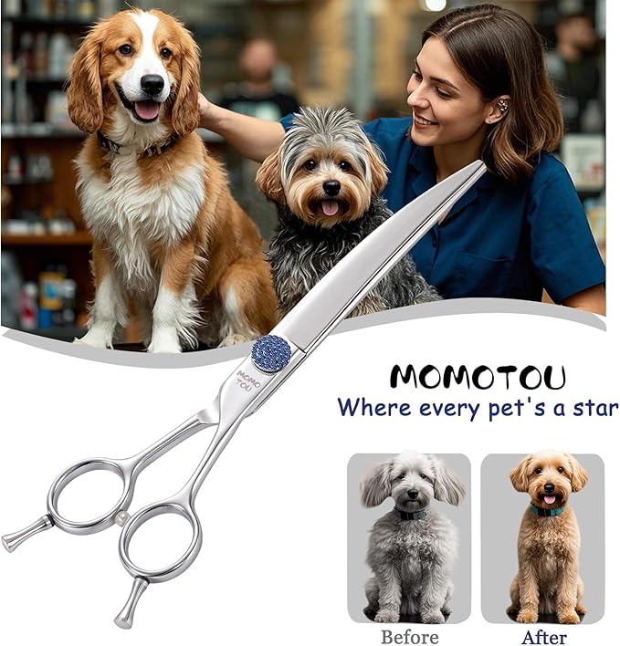 7.5'' Dog Grooming Scissors CNC 440C Blades Sharp and Durable Polished Curved Dog Shears with Blue Diamond Adustable Screws Easy to Use for Groomer and Home User-PawvioPets