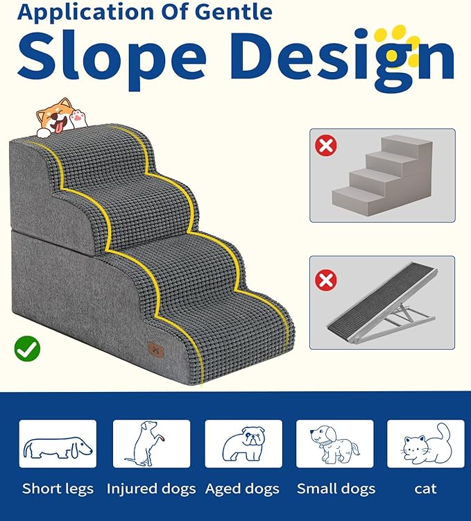 Dog Step for Bed, Dog Stair 4-Step 35D Pet Stair 19.7" H for High Bed or Sofa Non-Slip Balanced Pet Step Indoor, Grey-PawvioPets