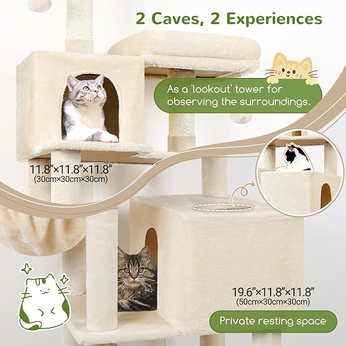Globlazer Cat Tree Tower, 76-Inch Extra Tall Multi-Level Cat Furniture with Cozy Condos, Hammock and Perches for Adult Cats, Perfect for Climbing, Scratching, and Play, F76, Beige-PawvioPets