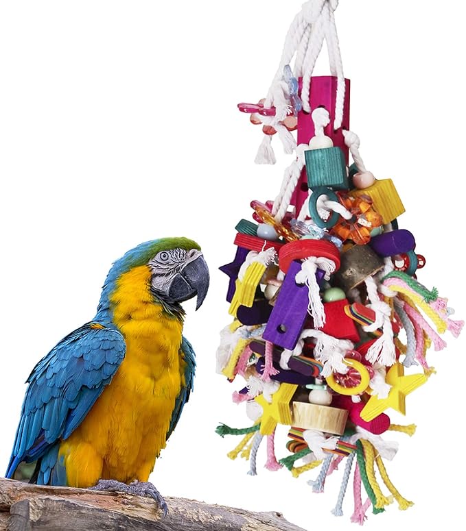 BWOGUE Large Parrot Chew Toy Bird Chewing Toy Multicolored Wooden Blocks Tearing Toys for African Grey Macaws Cockatoos Eclectus Amazon Parrot Birds-PawvioPets